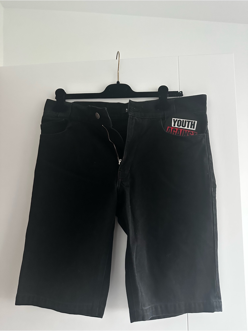 Raf Simons Black Relaxed Men’s Denim Bermuda Shorts With 'Youth' Accent